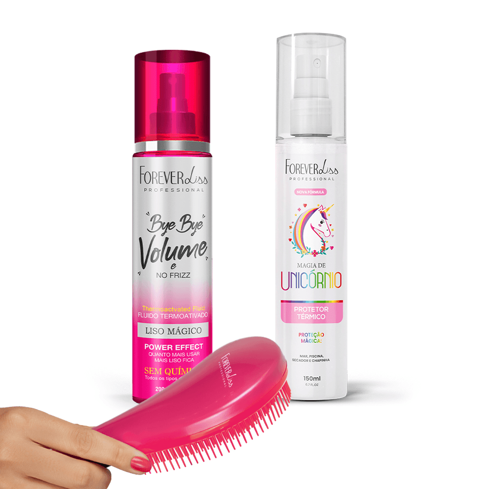 Kit Forever Liss Protetor Térmico 150ml + Spray Bye Bye Volume E No Frizz 200ml + Escova Desembaraçadora