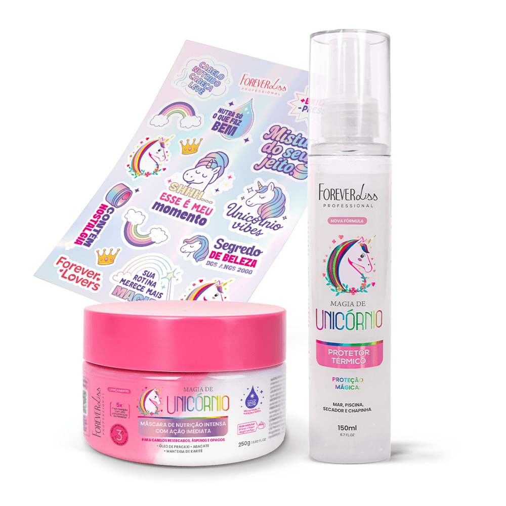 Kit Nutrição Magia De Unicórnio Máscara Nutrição 250g + Protetor Térmico 150ml + Adesivos Forever Liss