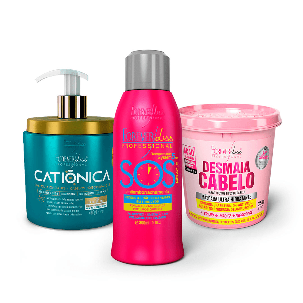 Kit Forever Liss Máscara Catiónica 450g + Máscara Antiemborrachamento 300ml + Máscara Desmaia Cabelo 350g