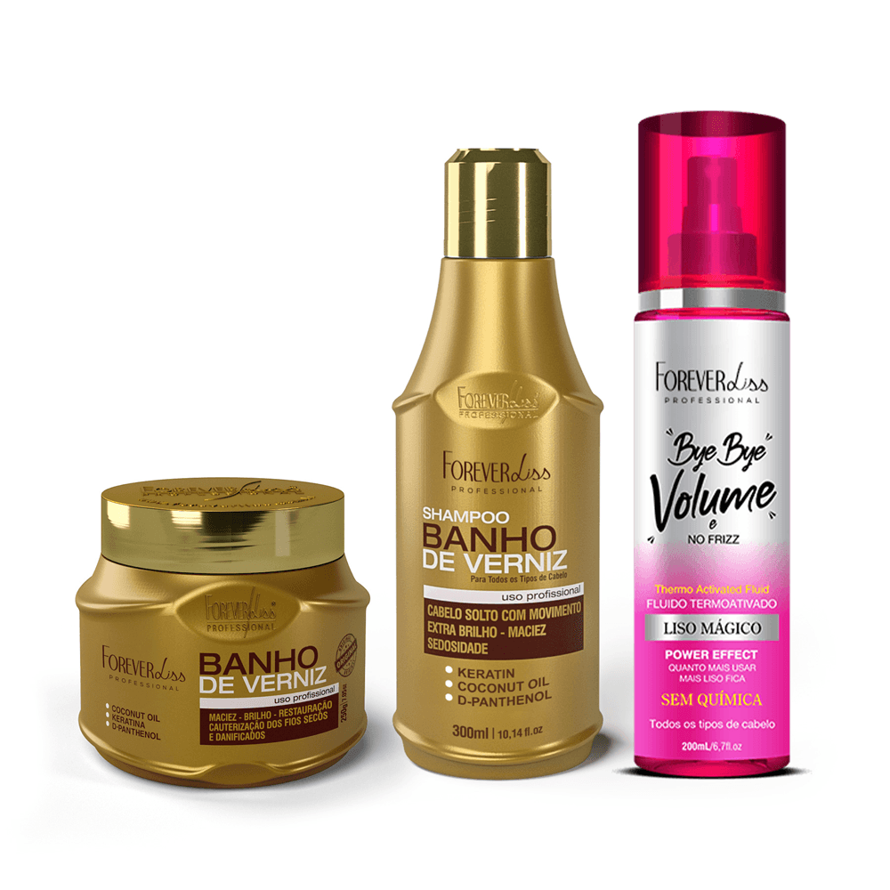 Kit Especial Banho De Verniz Forever Liss Shampoo 300ml + Máscara 250g + Spray 200ml