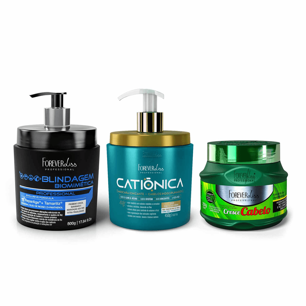 Kit Cronograma Capilar De Verão Forever Liss Blindagem Biomimética 500g + Máscara Catiônica 450g + Máscara Cresce 250g