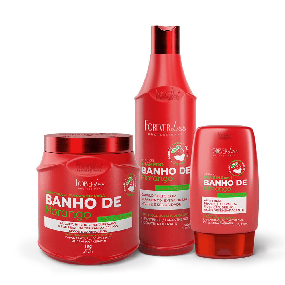 Kit Banho De Morango Profissional Brilho Extremo Forever Liss Shampoo 500ml + Máscara 1kg + Leave-in 140g