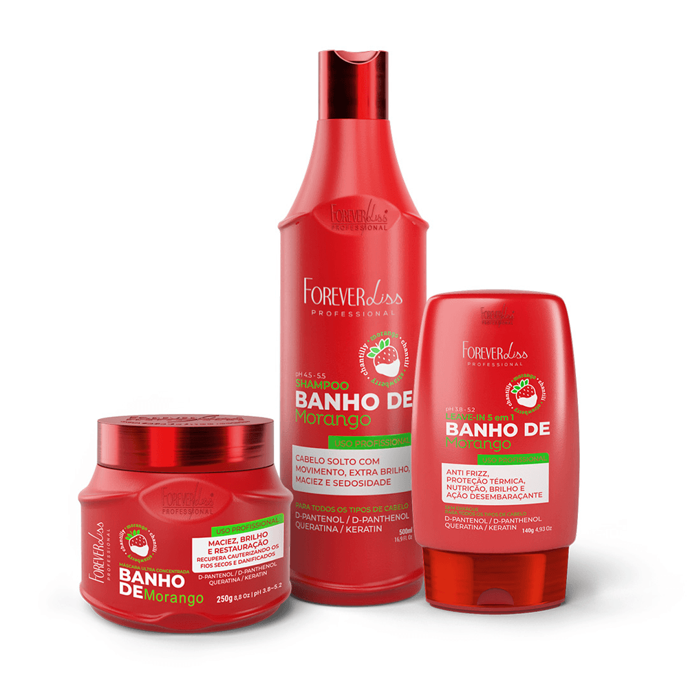 Kit Banho De Verniz Morango Brilho Extremo Forever Liss Shampoo 500ml + Máscara 250g + Leave-in 140g