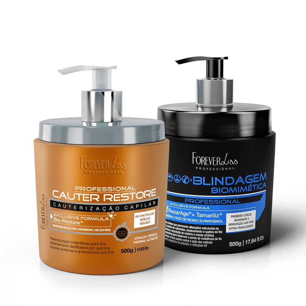 Kit Forever Liss Máscara Cauter Restore 500g + Máscara Blindagem Biomimética 500g