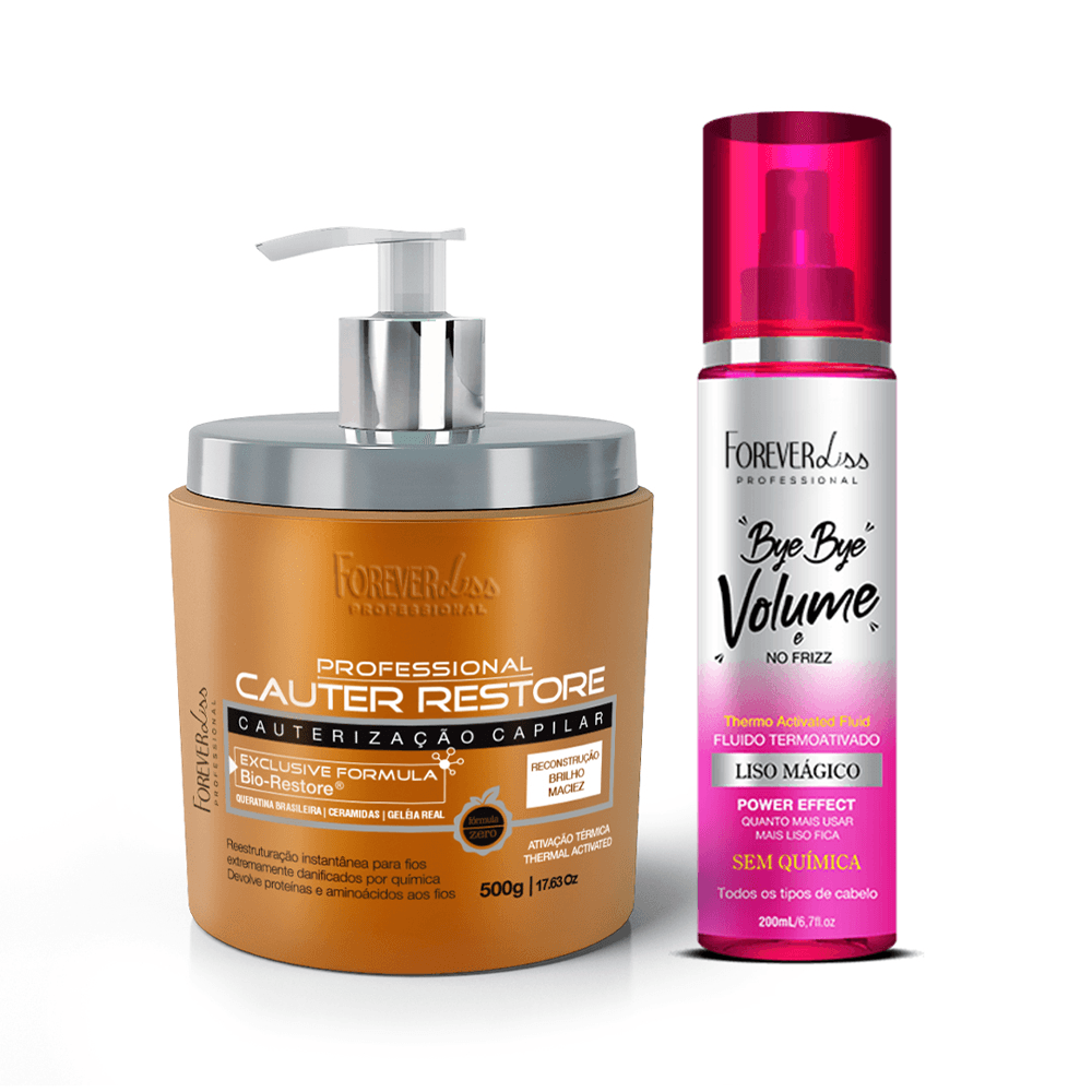 Kit Forever Liss Bye Bye Volume E No Frizz Liso Mágico 200ml + Cauterização Capilar 500g