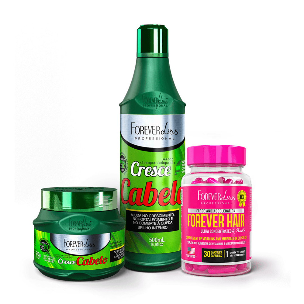 Kit Cresce Cabelo Forever Liss Máscara 250g + Shampoo 500ml + Forever Hair 30 Cápsulas