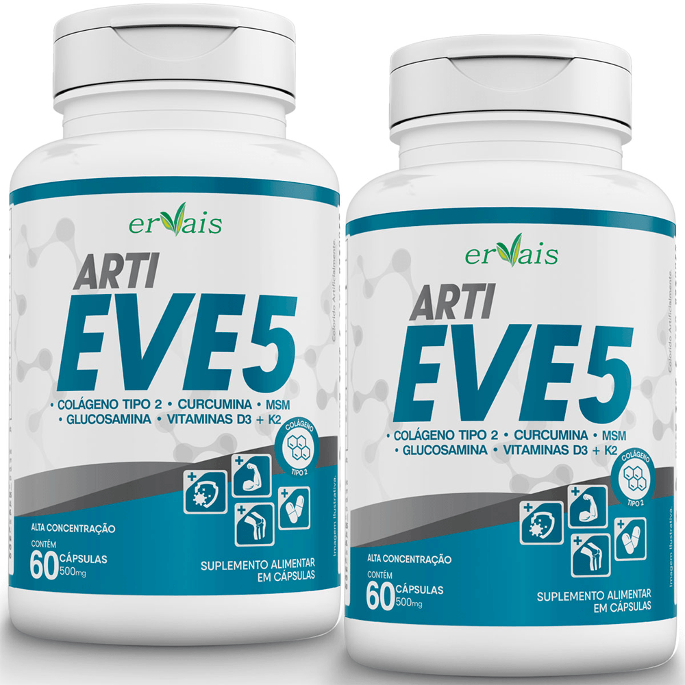 Kit 2 ArtiEve 5 Colágeno Tipo 2 + Curcumina + Glucosamina + MSN + Vitamina D3 + K2