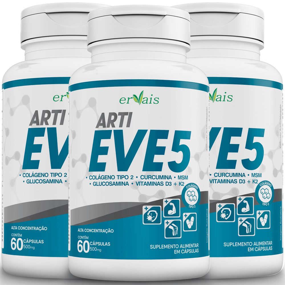 Kit 3 ArtiEve 5 Colágeno Tipo 2 + Curcumina + Glucosamina + MSN + Vitamina D3 + K2
