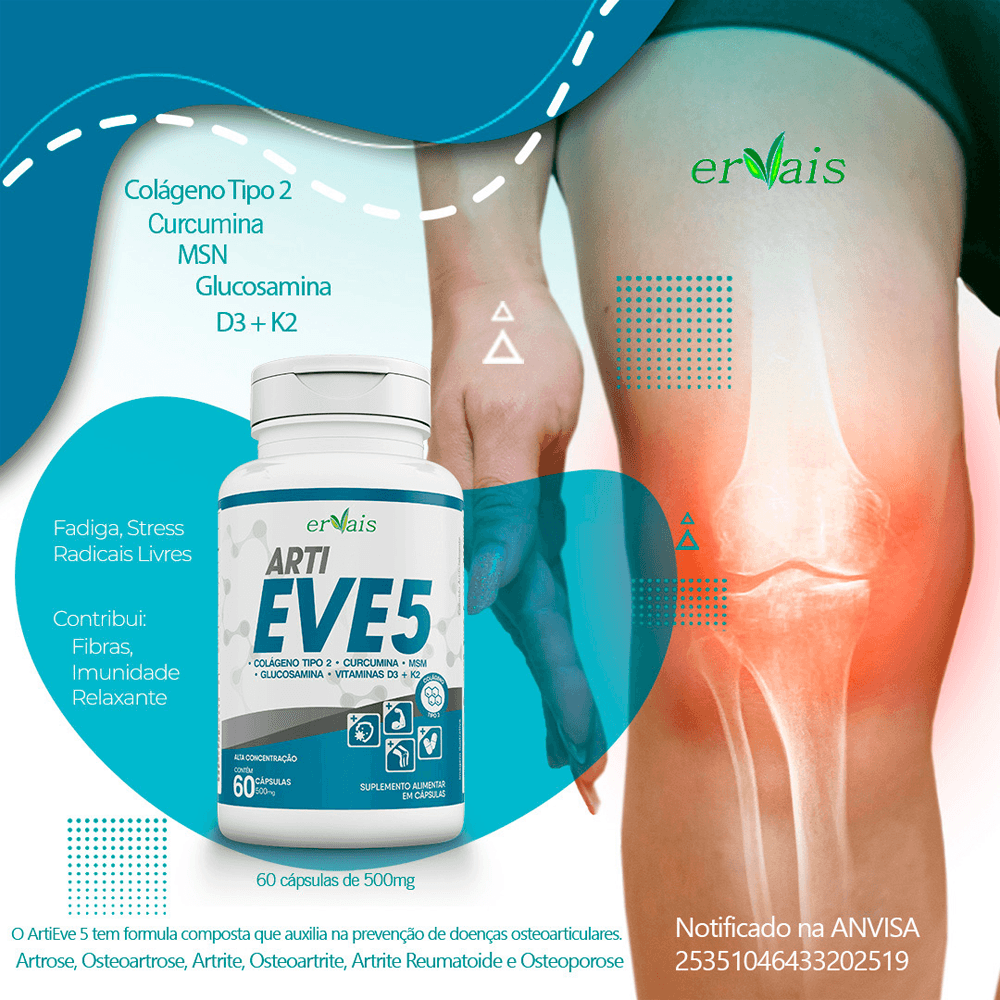 Kit 3 ArtiEve 5 Colágeno Tipo 2 + Curcumina + Glucosamina + MSN + Vitamina D3 + K2