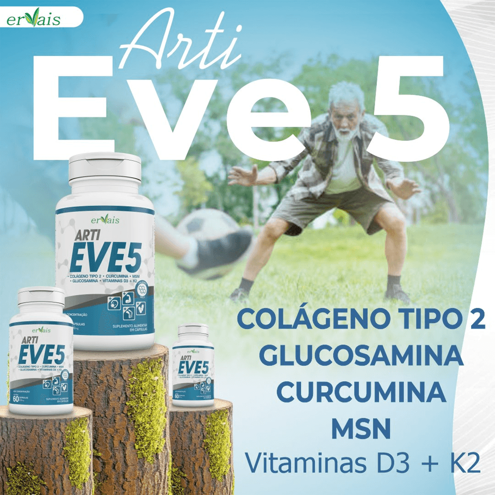 Kit 3 ArtiEve 5 Colágeno Tipo 2 + Curcumina + Glucosamina + MSN + Vitamina D3 + K2
