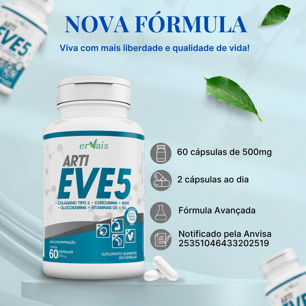 Kit 3 ArtiEve 5 Colágeno Tipo 2 + Curcumina + Glucosamina + MSN + Vitamina D3 + K2
