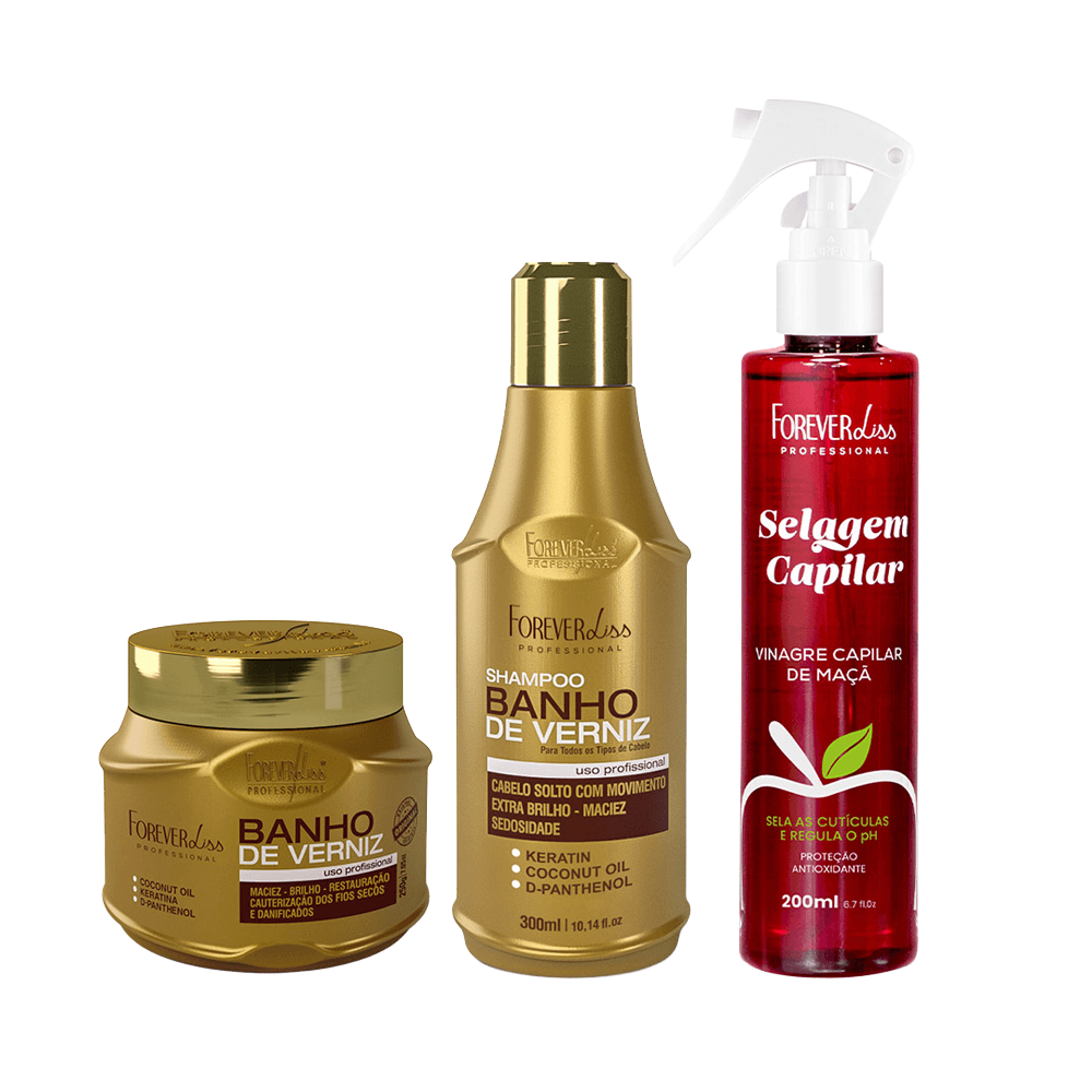 Kit Shampoo 300ml + Máscara 250g + Vinagre Capilar 200ml Banho De Verniz Forever Liss