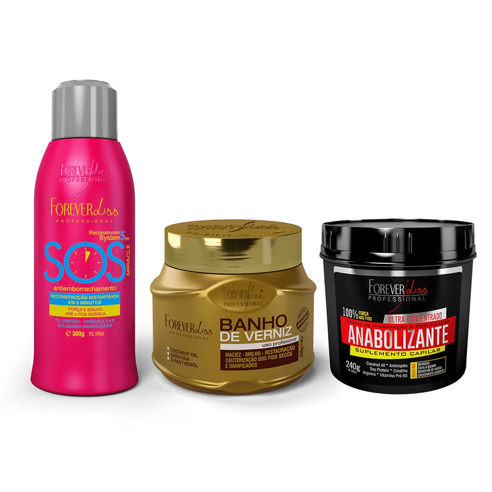 Kit Forever Liss Reconstrução Máscara 250g + Anabolizante 240g + Antiemborrachamento 300ml