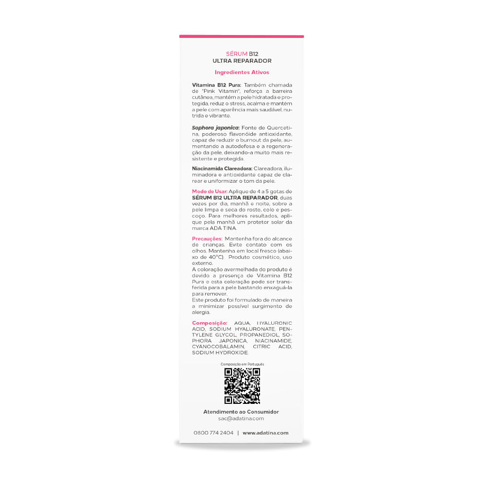 Sérum B12 Ultra Reparador Manchas, Hidratação, Cicatrizes e Vermelhidão Ada Tina