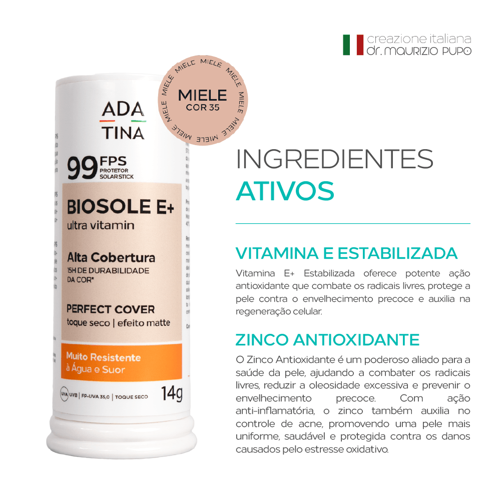 Protetor Solar Stick 12 horas Alta Cobertura Biosole E Plus Ultra Vitamin FPS 99 14g Cor Miele