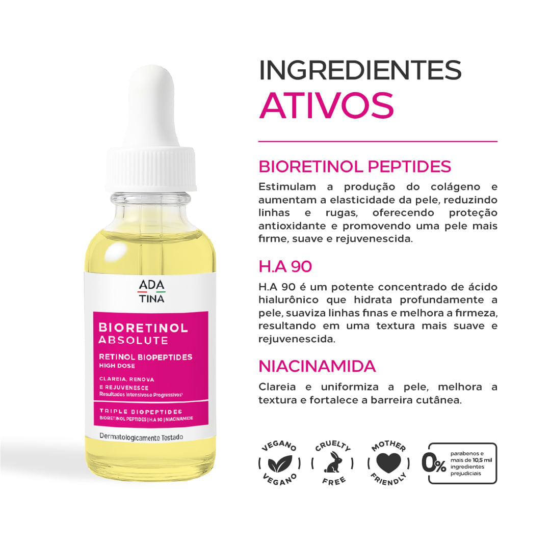 Bioretinol Absolute Sérum Retinol Biopeptides High Dose Clareia, renova e rejuvenesce mais potente que retinol puro