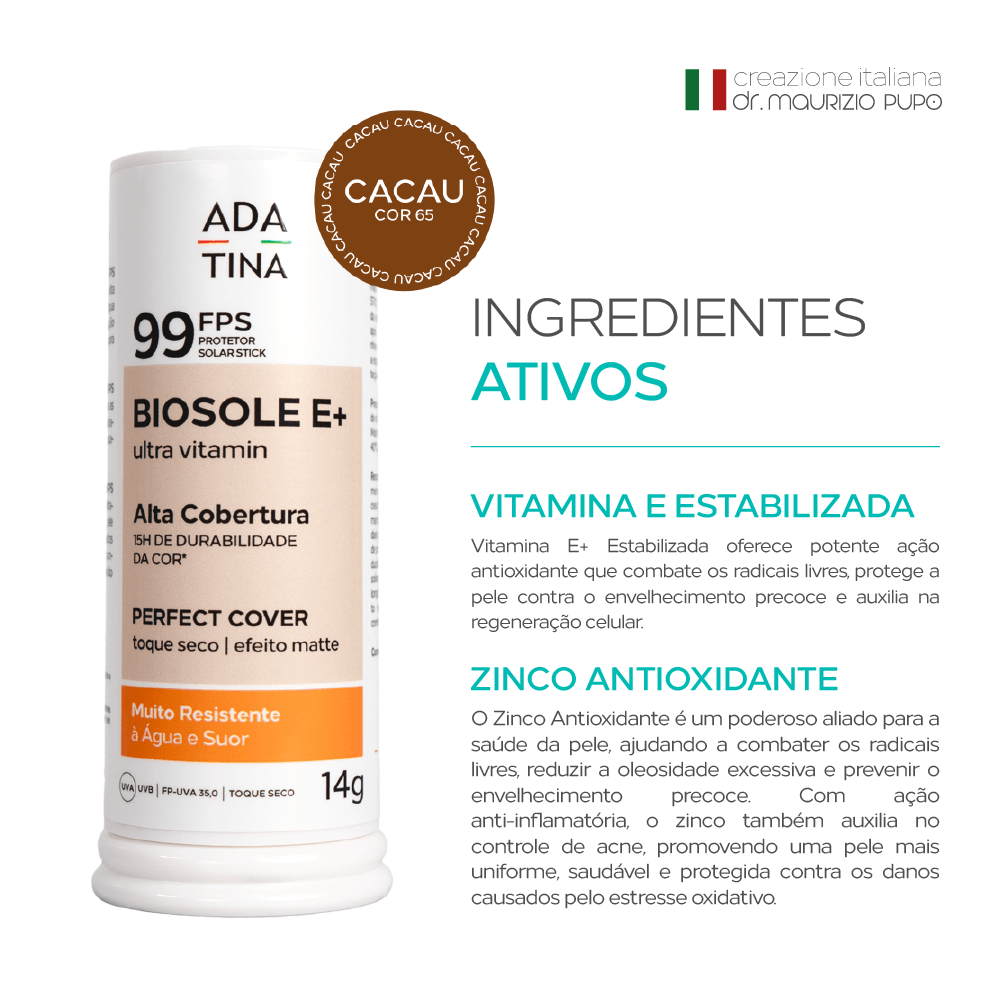 Protetor Solar Stick 12 horas Alta Cobertura Biosole E Plus Ultra Vitamin FPS 99 Cor Cacau 14g
