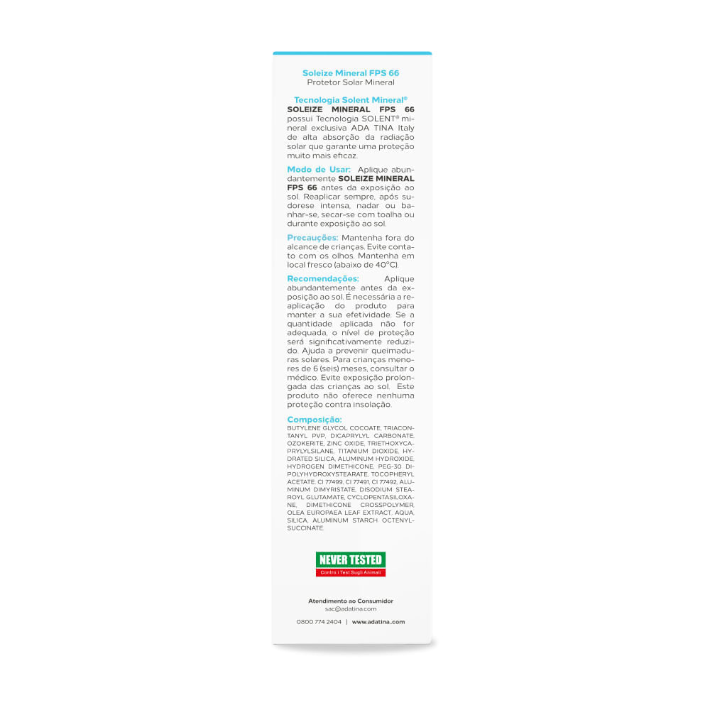 Protetor Solar Físico Soleize Mineral FPS 66 com Cor 30ml