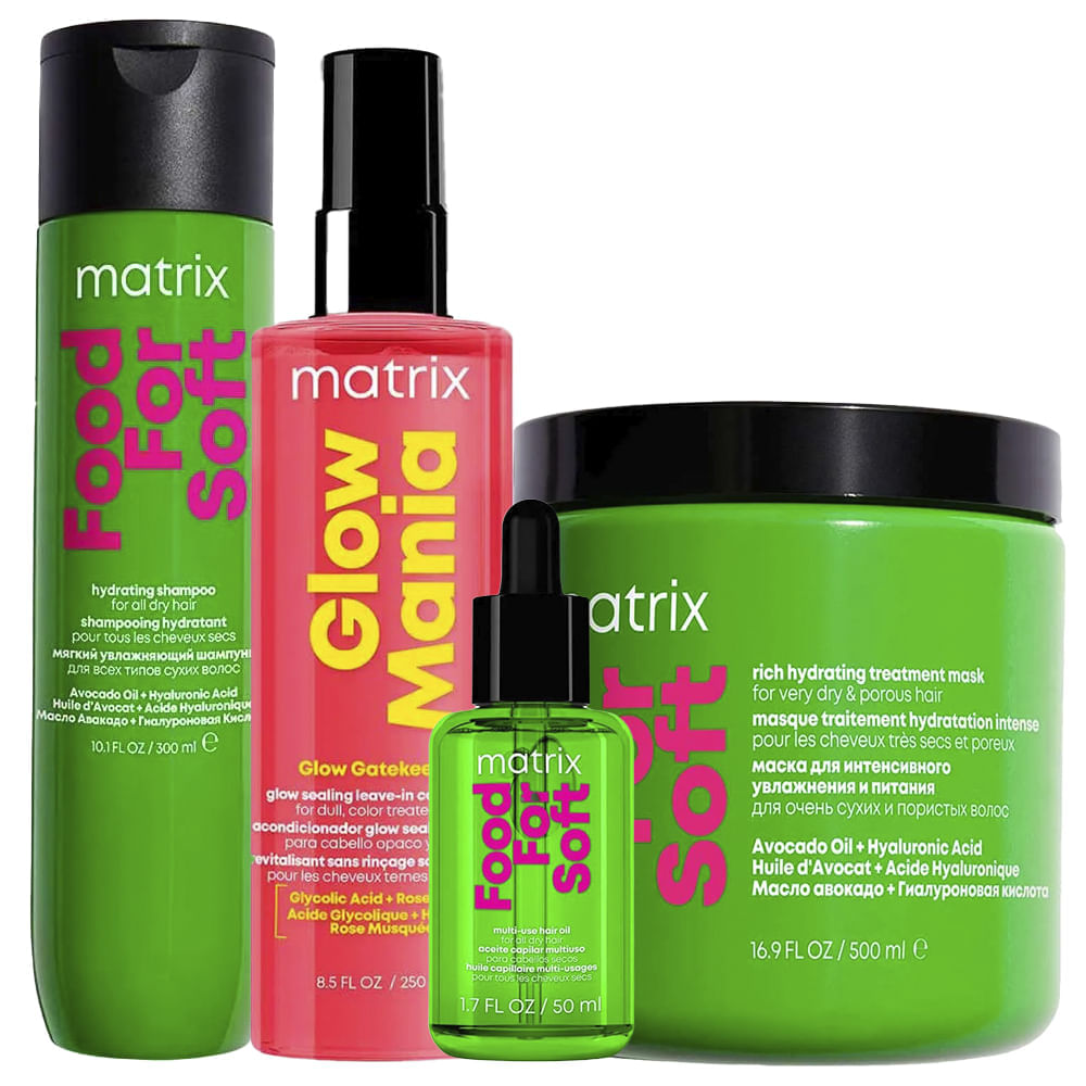 Kit Matrix Food For Soft Shampoo 300ml + Máscara 500ml + Óleo Capilar 50ml + Leave-in Glow Mania 250ml
