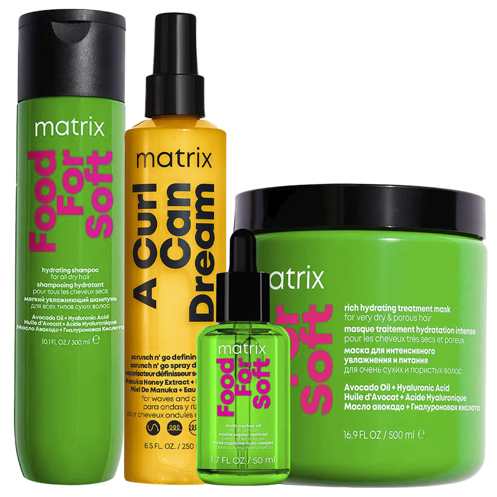 Kit Matrix Food For Soft Shampoo 300ml + Máscara 500ml + Óleo Capilar 50ml + Spray Finalizador Curl Can Dream 250ml