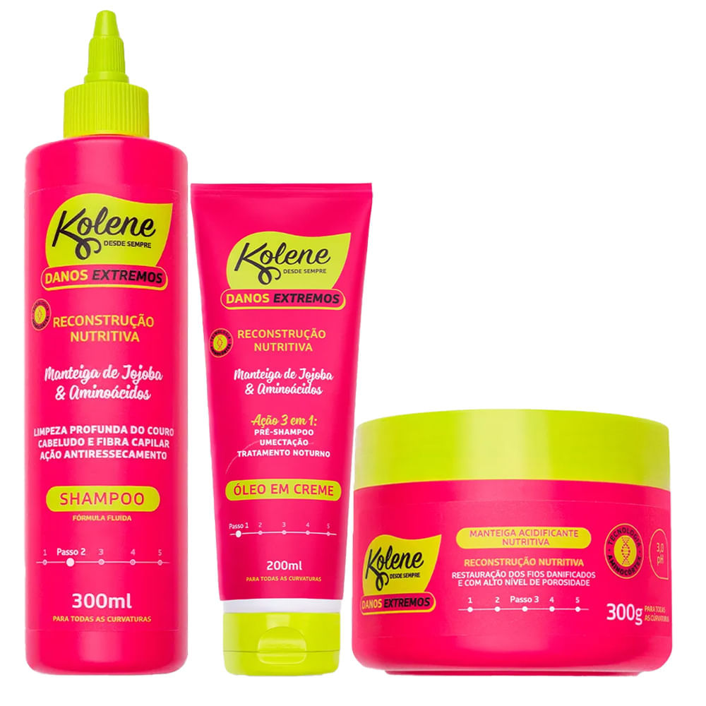 Kit Kolene Pré-shampoo 200ml + Shampoo 300ml + Manteiga Danos Extremos Reconstrução Nutritiva 300g