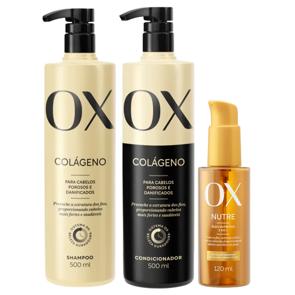Kit Ox Colágeno Shampoo 500ml + Condicionador 500ml + Óleo Capilar Nutritivo 120ml