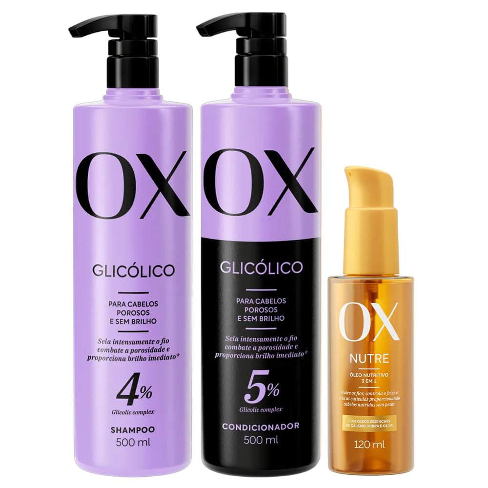 Kit Ox Glicólico Shampoo 500ml + Condicionador 500ml + Óleo Capilar Nutritivo 120ml