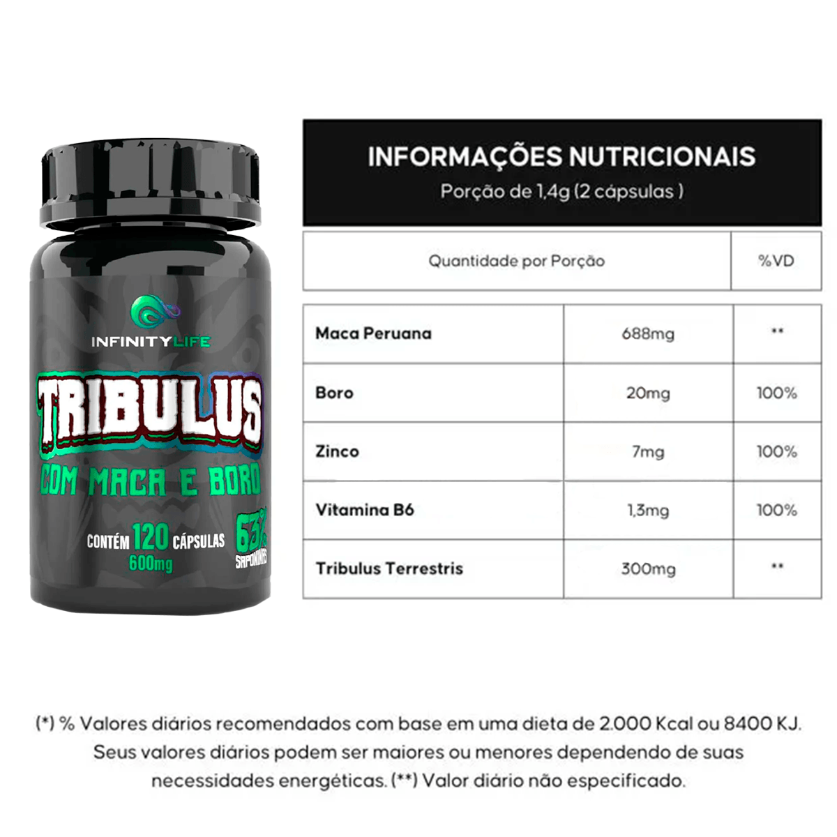 Tribulus Com Maca E Boro Infinity Life 120 Cápsulas 500mg