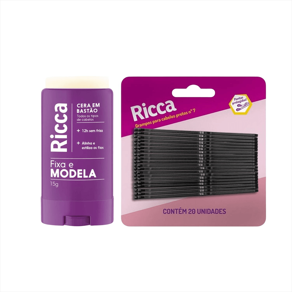 Kit Cera Fixadora Em Bastão + Grampo De Cabelo Preto Ricca 20 Unidades