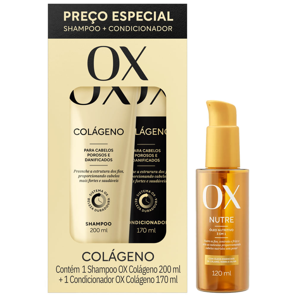 Kit Ox Colágeno Shampoo 200ml + Condicionador 170ml + Óleo Capilar Nutritivo 120ml