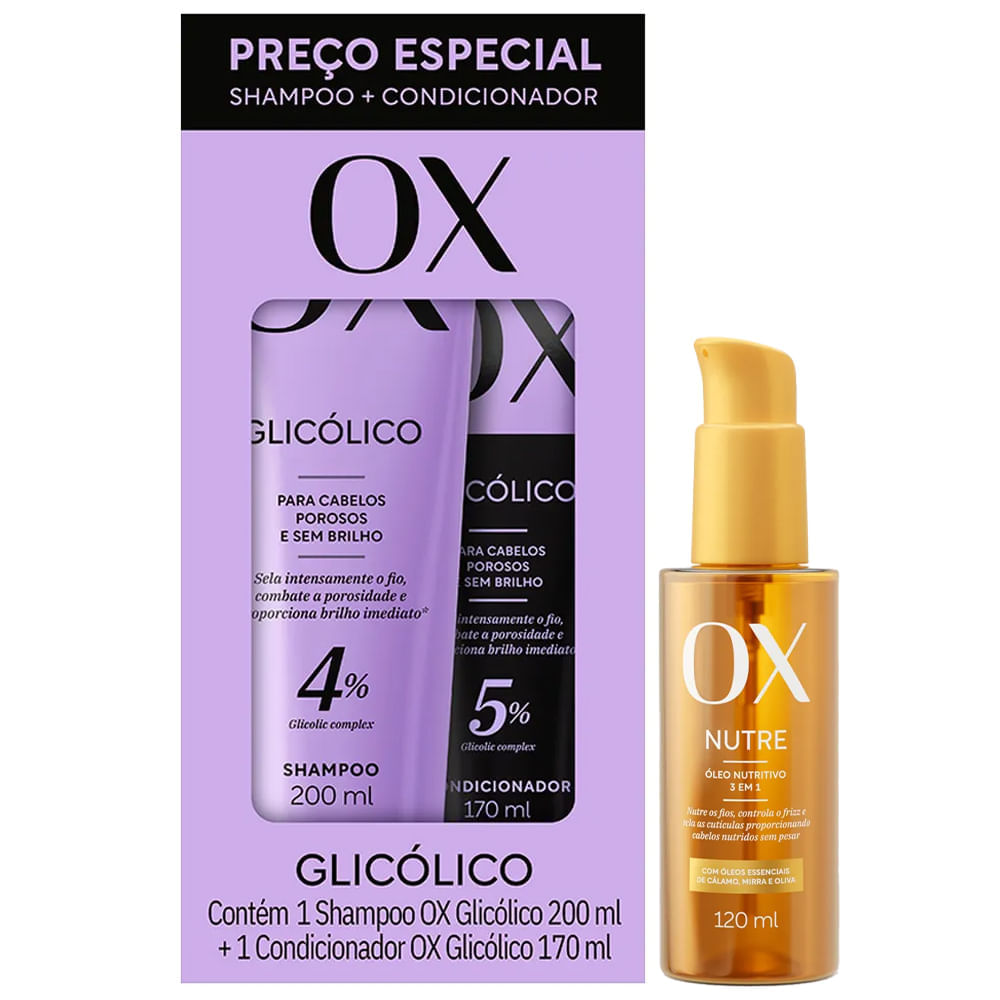 Kit Ox 4% Glicólico Shampoo 200ml + Condicionador 170ml + Óleo Capilar Nutritivo 120ml