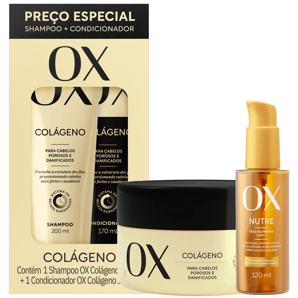 Kit Ox Colágeno Shampoo 200ml + Condicionador 170ml + Máscara 300g + Óleo Capilar Nutritivo 120ml