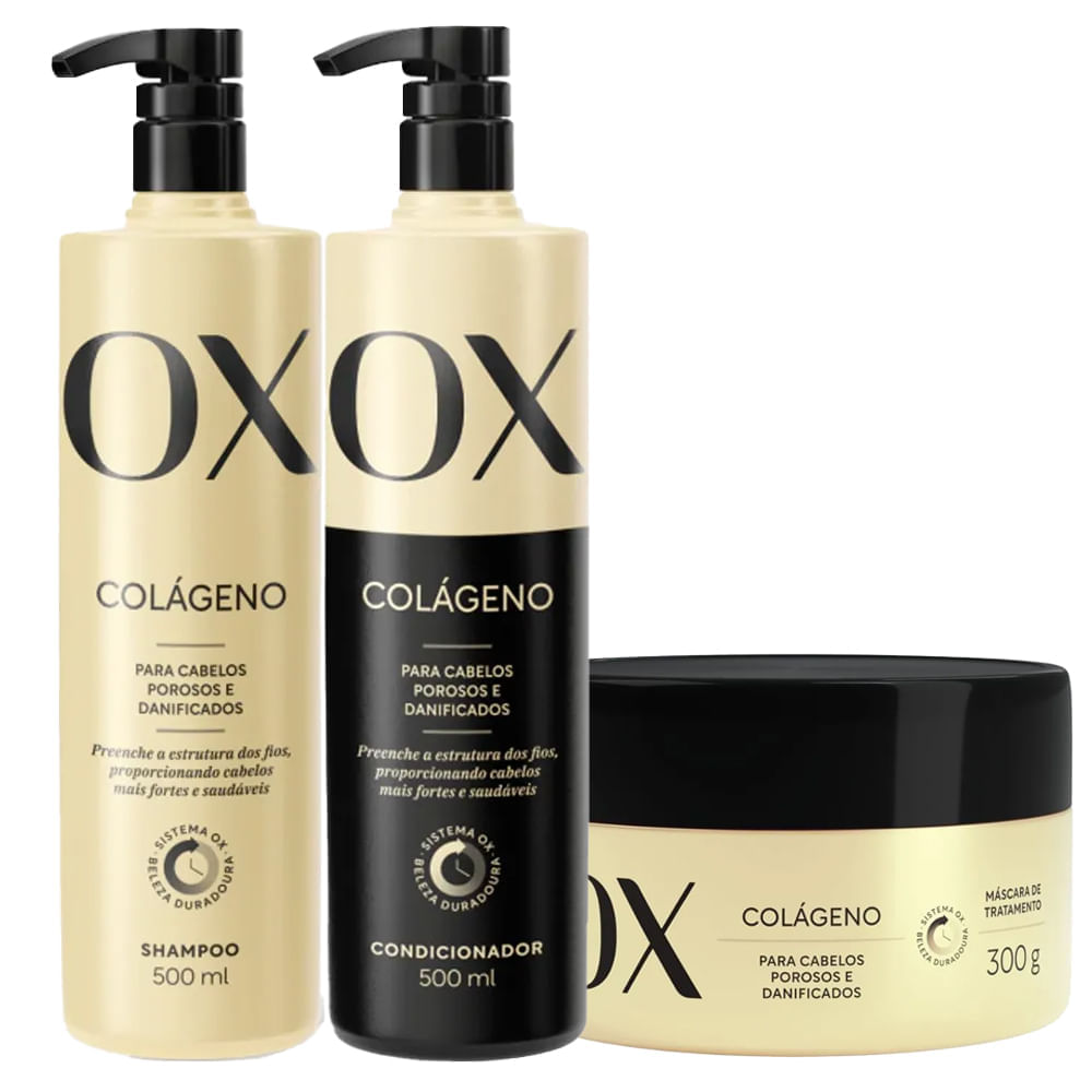 Kit Ox Colágeno Shampoo 500ml + Condicionador 500ml + Máscara 300ml