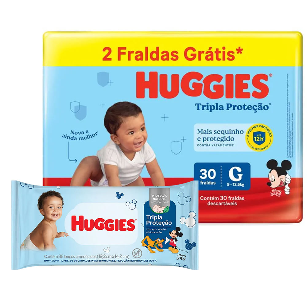 Kit Fralda Huggies Tripla Proteção Meguinha G 30 + Lenço Umedecido