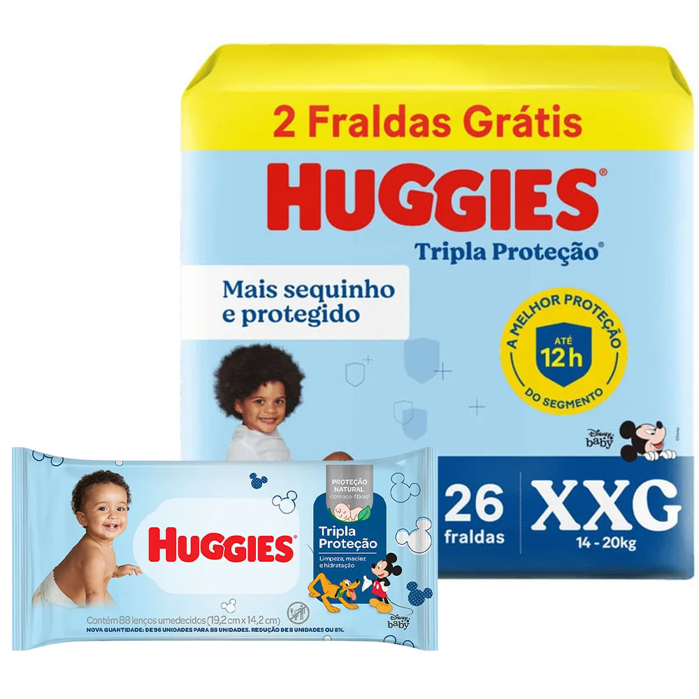 Kit Fralda Huggies Tripla Proteção Meguinha Xxg 26 + Lenço Umedecido