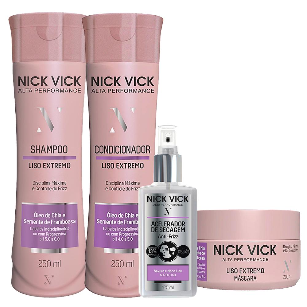 Kit Nick Vick Liso Extremo Shampoo 250ml + Condicionador 250ml + Fluido Acelerador 125ml + Máscara 200g