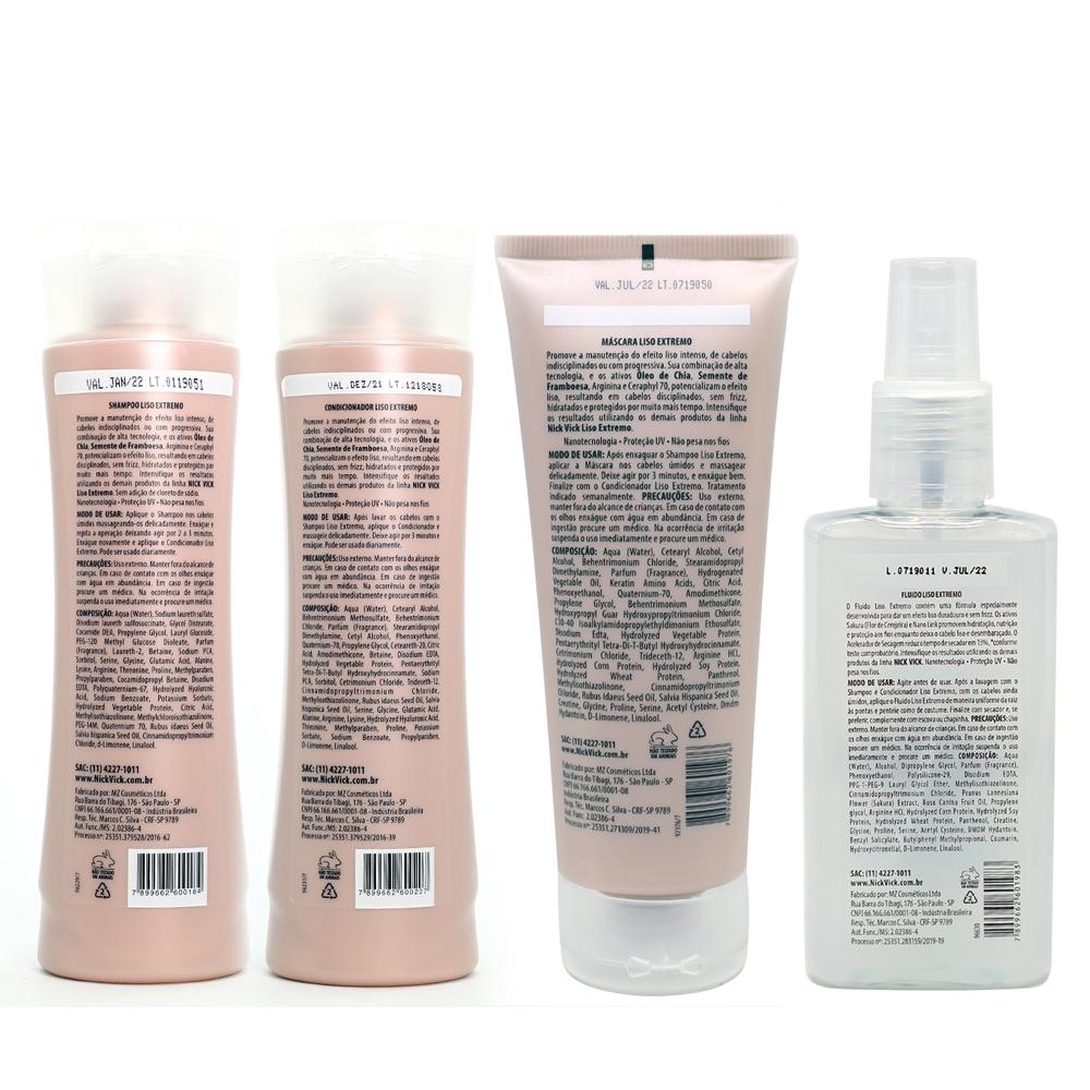 Kit Nick Vick Liso Extremo Shampoo 250ml + Condicionador 250ml + Fluido Acelerador 125ml + Máscara 200g