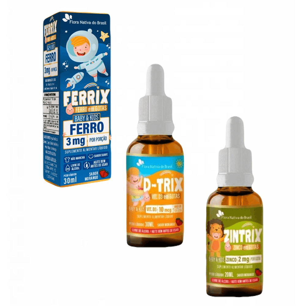 Kit Infantil Ferrix Kids Ferro + D-Trix Vitamina D3 10mcg 400UI + Zintrix Zinco