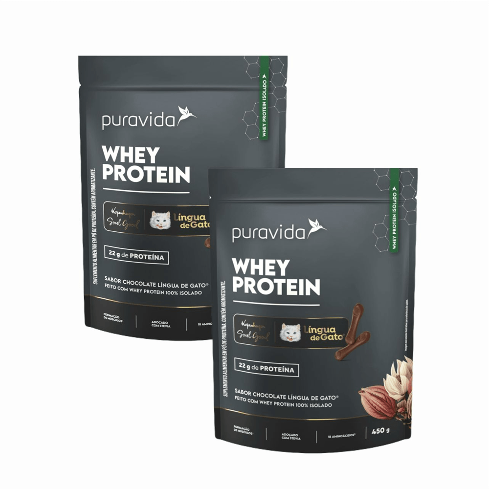 Kit 2 Whey Protein Isolado Língua de Gato Puravida 450g Chocolate