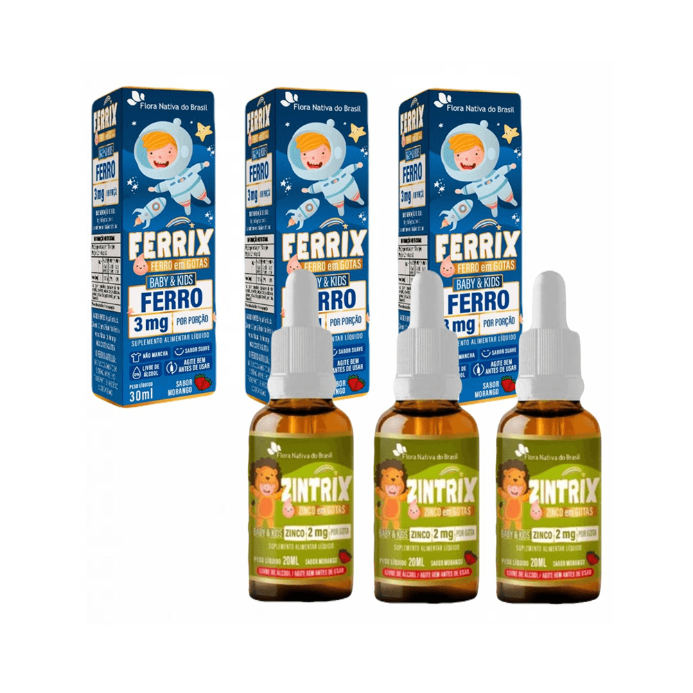 Kit Infantil 3 Ferrix Kids Ferro + 3 Zintrix Zinco Flora Nativa
