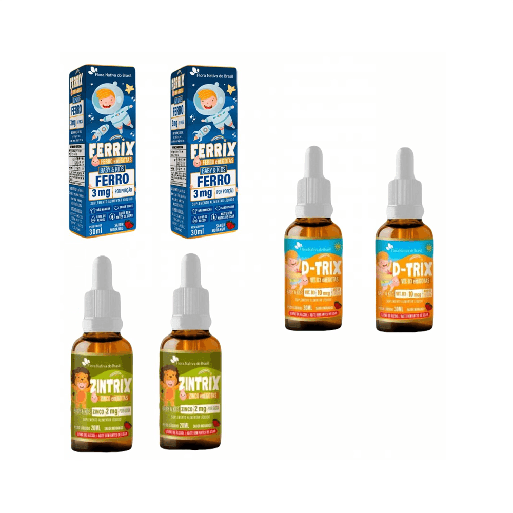 Kit Infantil 2 Ferrix Kids Ferro + 2 D-Trix Vitamina D3 10mcg 400UI + 2 Zintrix Zinco