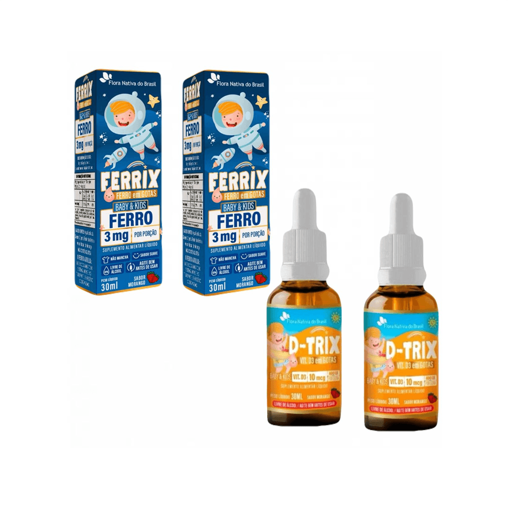 Kit 2 Ferrix Kids Ferro + 2 D-Trix Vitamina D3 10mcg 400UI Flora Nativa