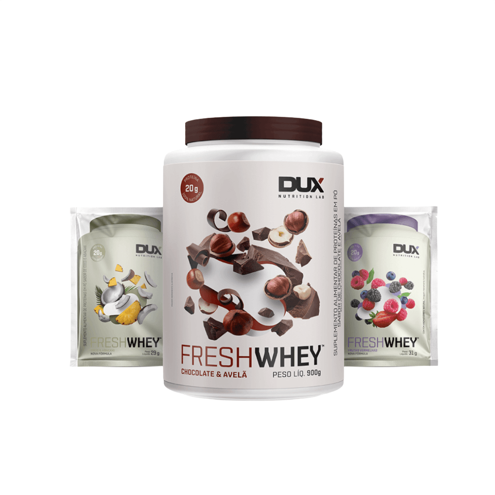 FreshWhey Chocolate e Avelã 900g + Sachê Sabor Açaí + Sachê Sabor Maracujá DUX Nutrition
