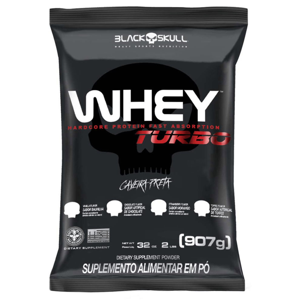 Suplemento Whey Turbo Refil Caveira Preta Black Skull Morango 907g