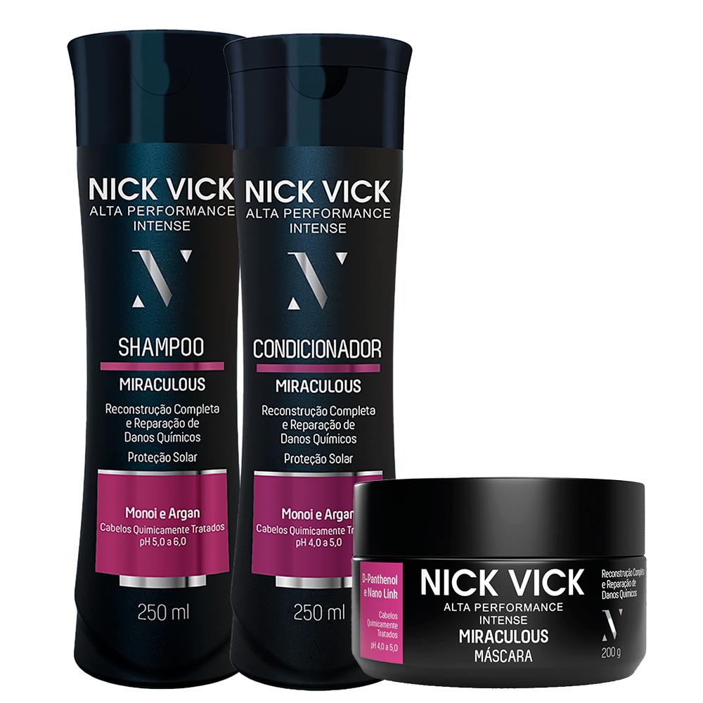 Kit Shampoo 250ml + Condicionador 250ml + Máscara 200g Miraculous Alta Performance Nick Vick