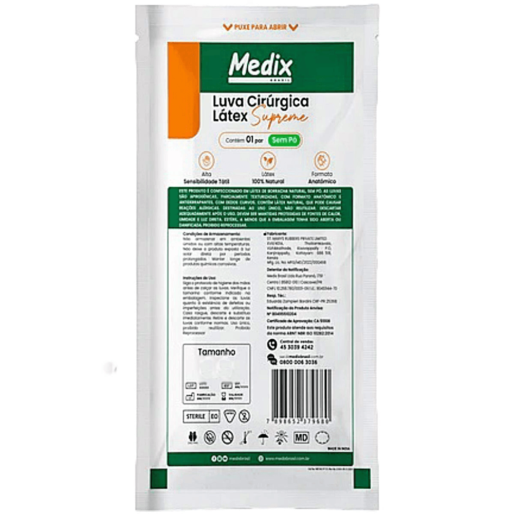Luva Cirúrgica De Látex Supreme Sem Pó 8.0 Medix Par