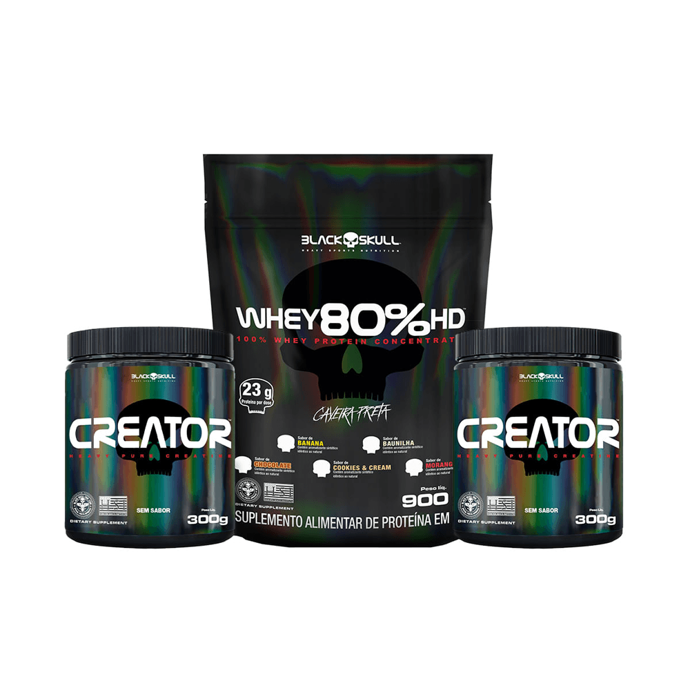 Kit Black Skull Whey 80% HD Cookies 900g + 2 Creatina Creator 300g
