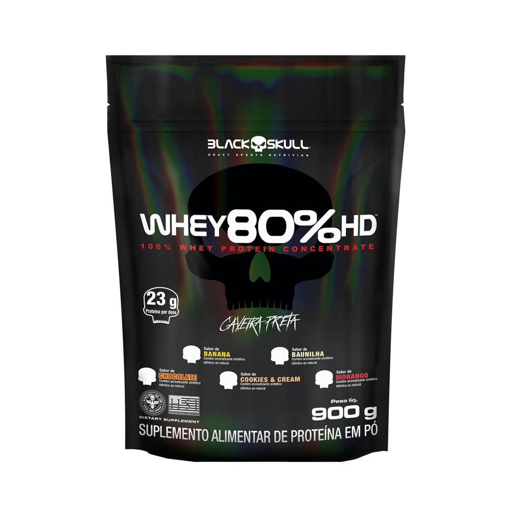 Whey Protein Concentrado 80% Hd Refil Black Skull Morango 900g