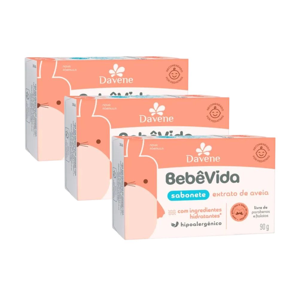 Sabonete Vegetal Em Barra Bebê Vida Extrato De Aveia Davene 90g 3 Unidades