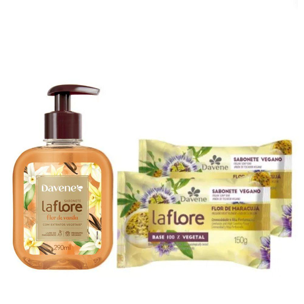 Kit La Flore 2 Sabonetes Flor De Maracujá 150g + Sabonete Líquido Flor De Vanilla 290ml Davene